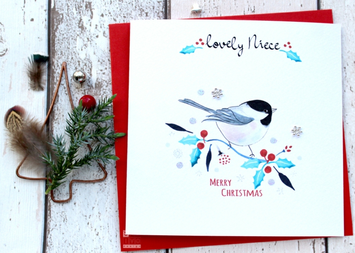 Handgemachte Weihnachtskarte, Süßes Vögelchen und Mistel, Grußkarte für Nichte, frohe Weihnachten