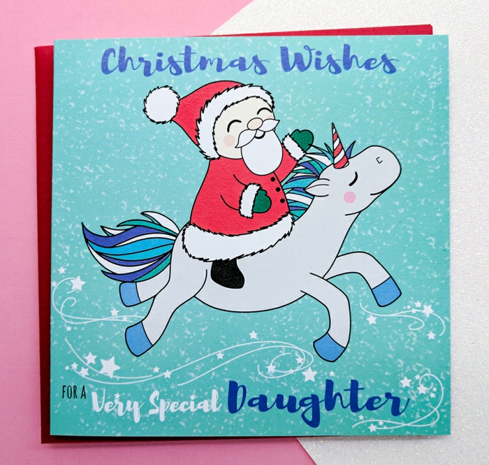 Süße Weihnachtskarte für Kinder, der Weihnachtsmann reitet Einhorn, Grußkarte für Tochter