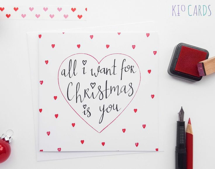 Romantische Weihnachtskarte, Alles, was ich mir zu Weihnachten wünsche, bist du, rote Herzen