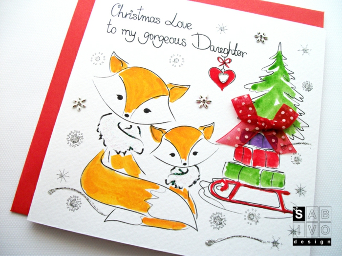 Süße Weihnachtskarte mit Füchsen für Tochter, mit Perlen und Dekoband verziert, mit Liebe