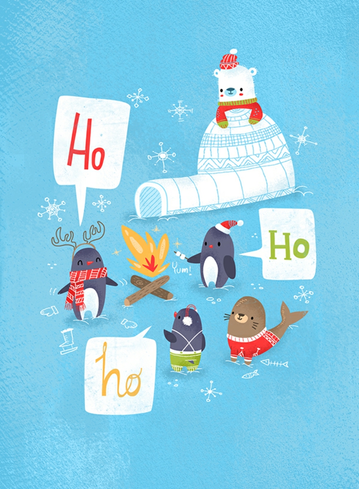 Lustige Weihnachtskarte, Weihnachten am Südpol, per Hand gezeichnet, Grußkarten für Kinder