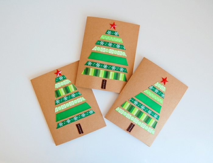 DIY Weihnachtskarten einfach und schnell, Chrstbäumchen aus grünem Dekoband gestalten, aufs Papier kleben