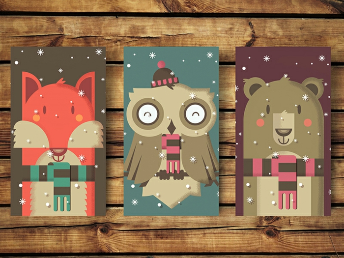Kreative Weihnachtskarten für Kinder mit Fuchs, Uhu und Bär, kleine Schneeflocken, süße Überraschungen