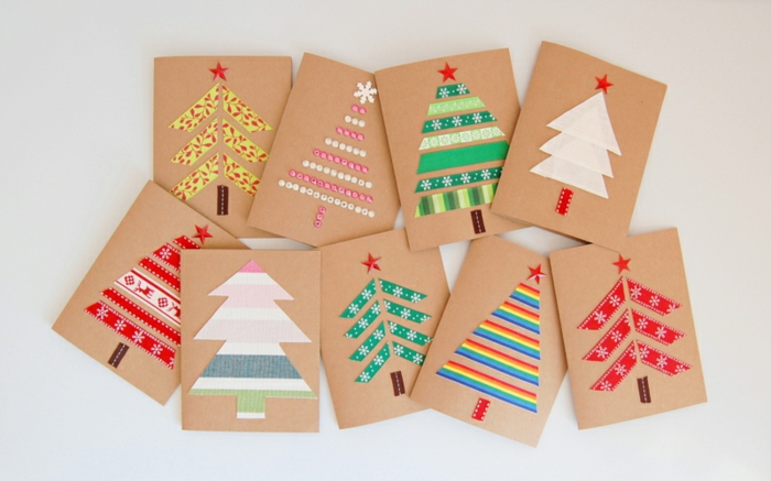 Einfache und schnelle DIY Ideen für Weihnachtskarten, Weihnachtsbäume aus Dekoband oder Perlen gestalten