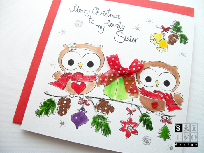 Süße Weihnachtskarte mit zwei Uhus, mit Perlen und Dekoband verziert, Grußkarte für Schwester