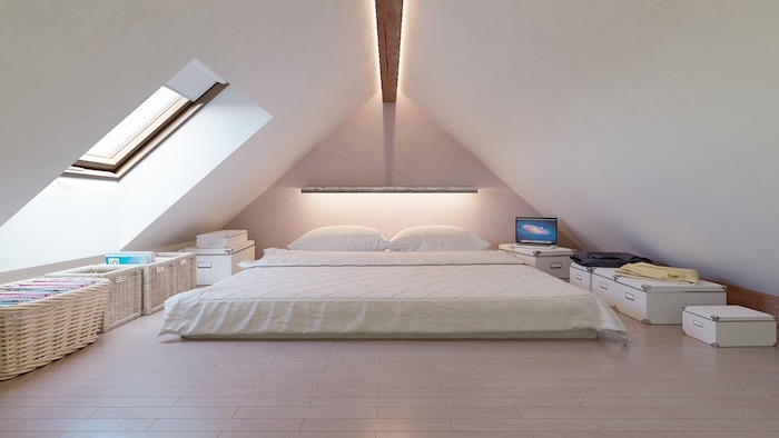 dachschräge gestalten weißes dachzimmer doppelbett großes fenster wandfenster wanddeko koffer säcke