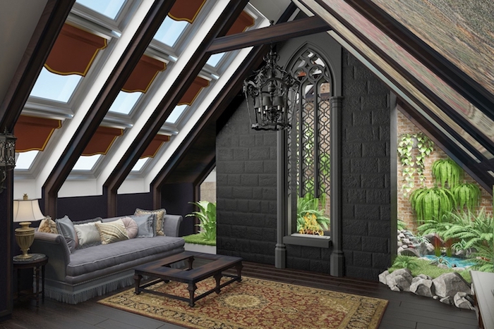 zimmer mit dachschräge viele fenster an der wand schwarze wand luxuriöse einrichtung dekorative lampe persischer teppich