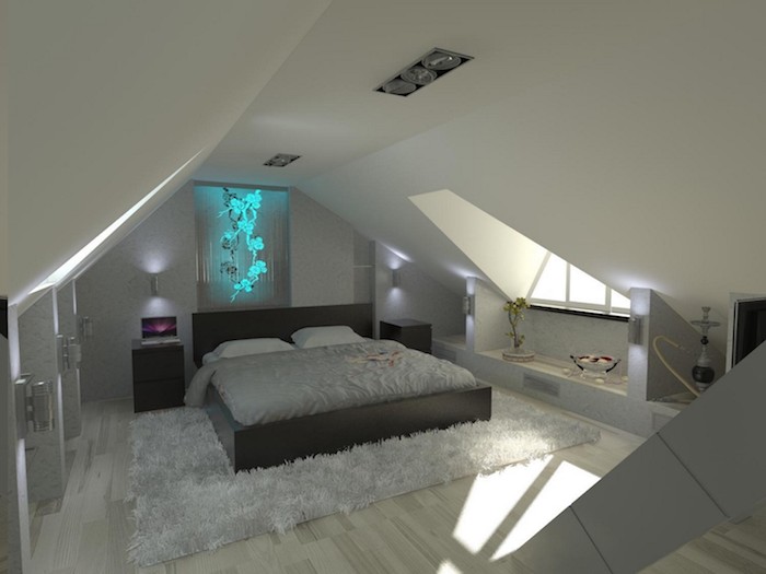 wohnung einrichten ideen graues Schlafzimmer mit blauen und türkis leuchtenden dekorationen graue wohnung inspiration