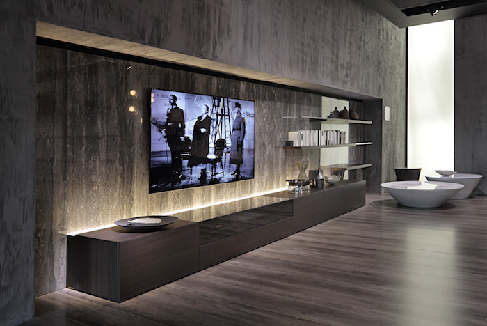 wohnwand wanddeko fernseher graues design kreative wohnideen einrichtung designer, wandgestaltung wohnzimmer Fernsehwand
