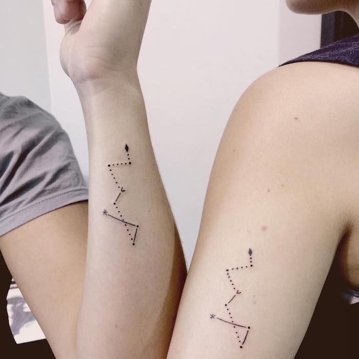 tattoo für liebespaare - hände mit schwarzen tattoos mit einem schwarzen sternbild mit schwarzen kleinen sternen