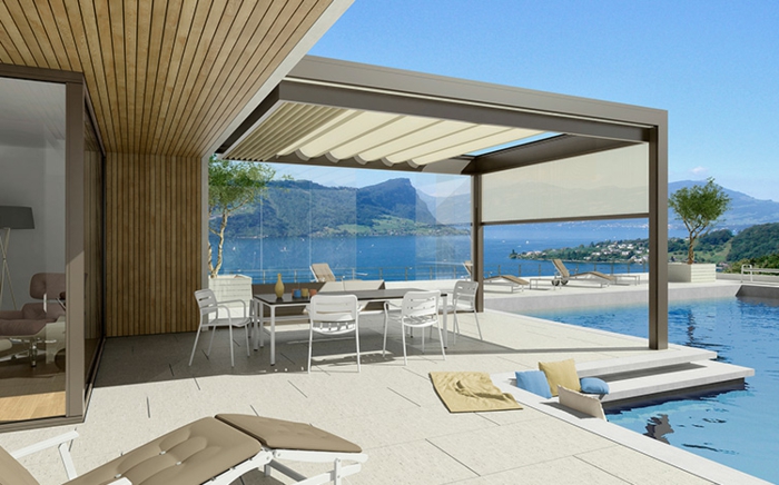 Luxus-Haus mit Schwimmbad, Pergola mit Markise, Aussicht zum Ozean