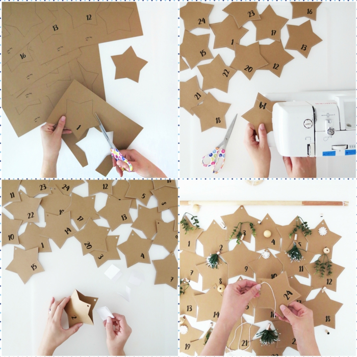 Sterne aus Karton ausschneiden, mit kleinen Geschenken befüllen, DIY Idee für Adventskalender