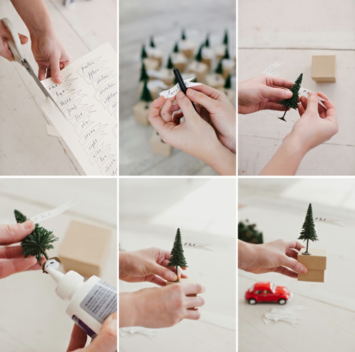 Adventskalender selber machen, Schritt für Schritt Anleitung, kleine Notizen ausschneiden, Weihnachtsbäume aus Kunststoff auf Schachteln aufkleben