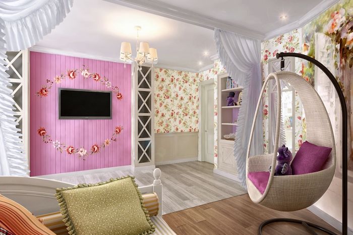 jugendzimmer einrichten kreatives und modernes design rosa fernsehwand idee hängestuhl schbby deko prinzessinnen vorhänge raumteiler