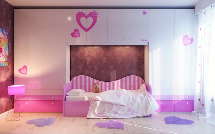 jugendzimmer ideen für mädchen teenager rosa lila herzen dekorationen über dem bett schränke boden teppiche klein in form von herz
