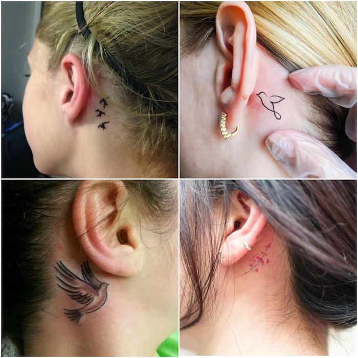 tattoo hinterm ohr - vier junge frauen mit kleinen schwarzen tattoos mit fliegenden schwarzen kleinen vögeln und . kleinen pinken blumen - tattoo hinterm ohr
