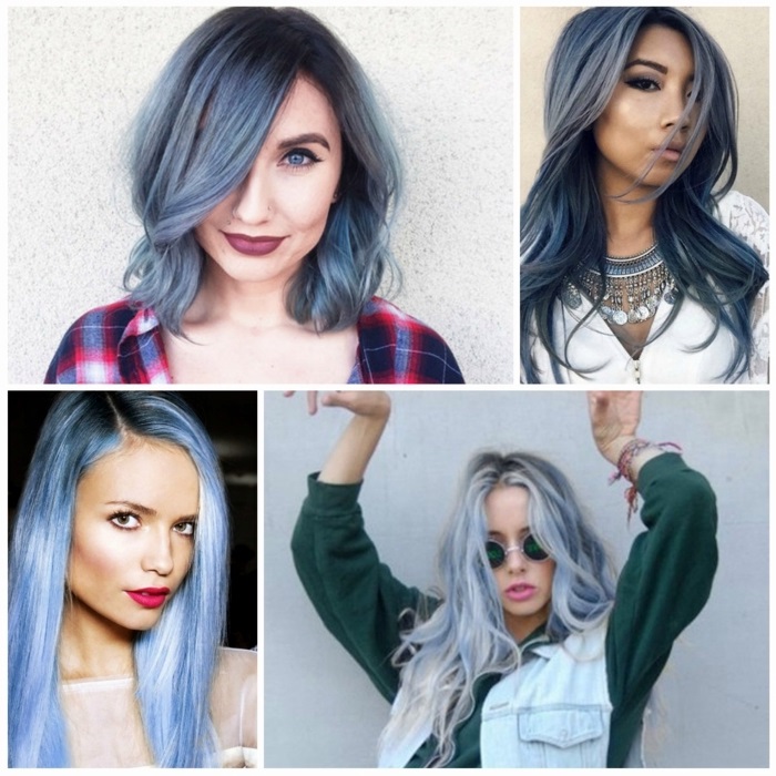 blaue haare variationen, make-up für blaue augen, grau-blaue haare
