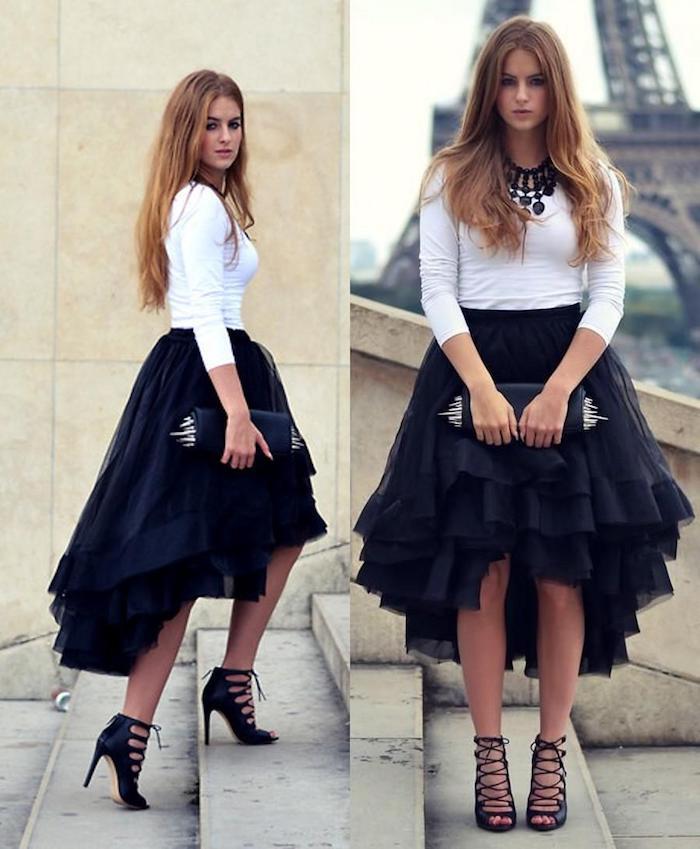 tutu rock schwarz weißes outfit halskette in schwarzer farbe schöne schuhe sandalen ein trendy look in paris tragen