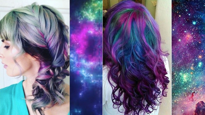 Galaxy Hair ist der neue Trend, Haare in den Farben des Weltalls, Aschenblond mit grünen Reflexen, dunkellila und blaue Längen, Tapetem mit Weltall-Muster, dunkel gefärbte Haare in den Galaxy-Farben, Tapeten mit Weltall-Print