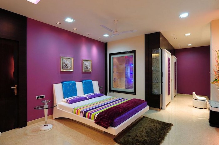 jugendzimmer ideen einfach und dezent lila wandgestaltung deko ideen doppelbett bequem und eine transparente wand 