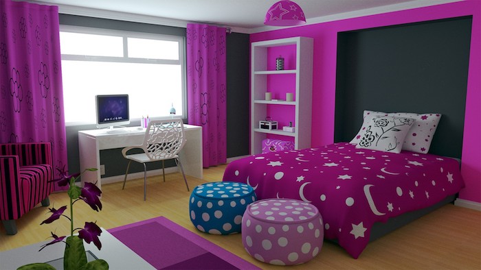 jugendzimmer ideen in blau lila wandtapeten lila vorhänge ideen frische violette blume