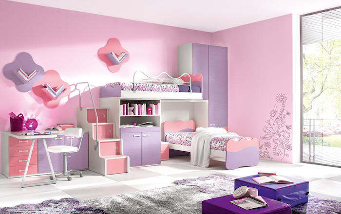 Jugendzimmer Mädchen rosa und lila zimmergestaltung treppe zum bett dienen als schubladen kreativ und funktional einrichten einrichtung mäbel kinderzimmer