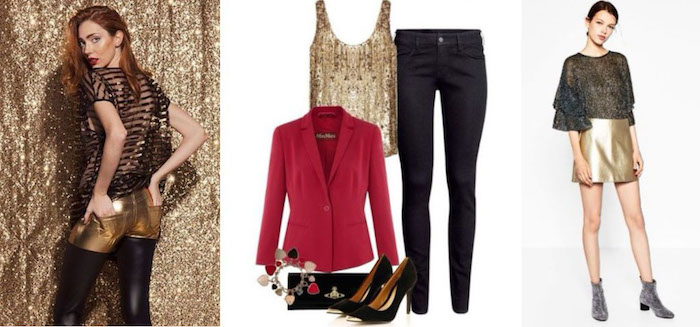 silvester outfit ideen mit goldenen elementen schwarze lederhose leggings goldener rock