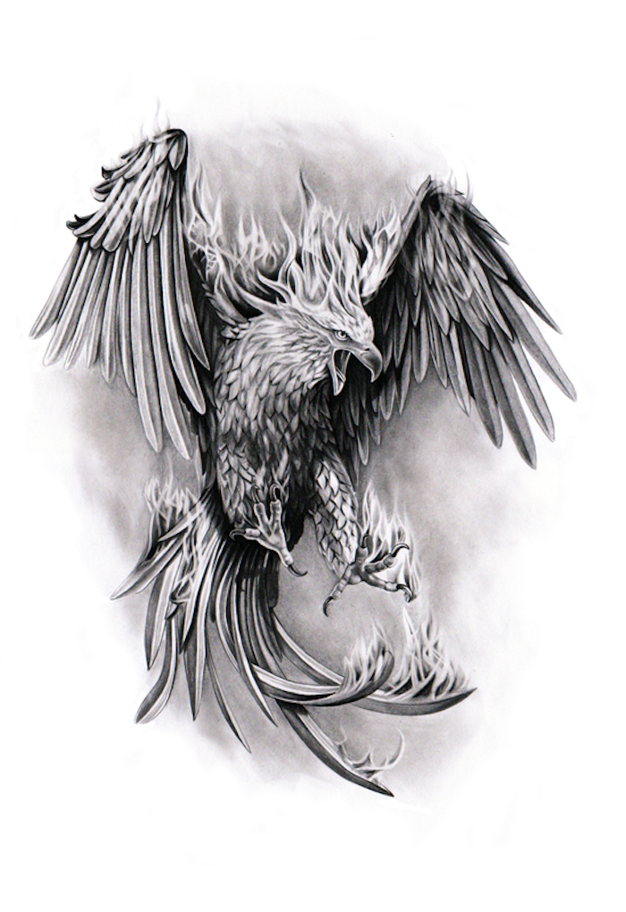 phönix tattoo bedeutung - ein grauer fliegender phönix mit zwei flügeln mit langen grauen und schwarzen federn - ein brennender phönix