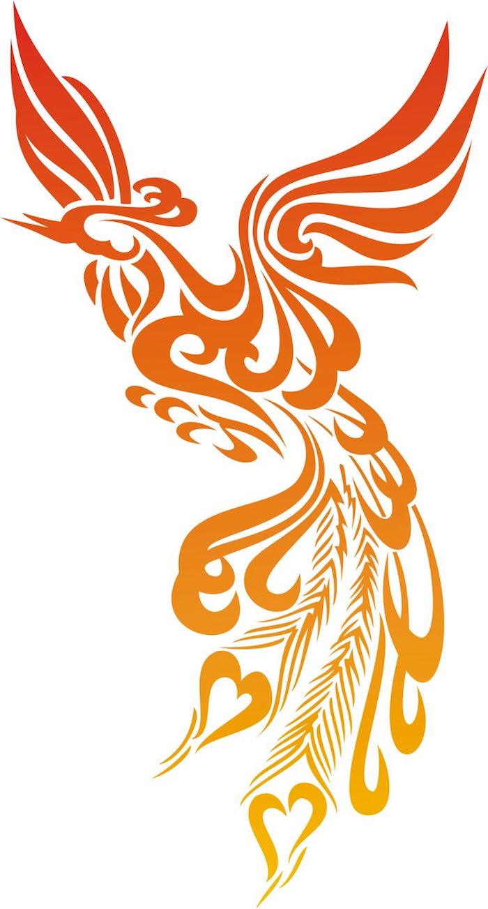 Feuervogel Tattoo Vorlage, phönix tattoo bedeutung - ein fliegender phönix mit zwei flügeln mit orangen, roten und gelben federn - phönix aus der asche tattoo