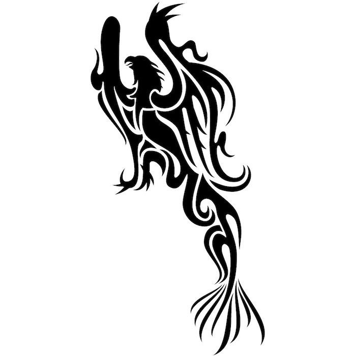 ein tattoo mit einem großen schwarzen phönix mit zwei schwarzen flügeln mit schwarzen federn,Feuervogel Tattoo vorlage 