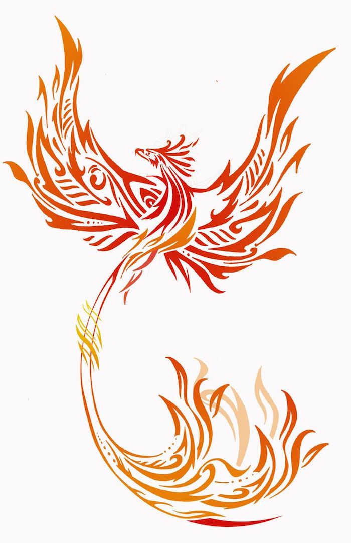 ein großer roter brennender phönix mit zwei brennenden flügeln mit orangen und roten brennenden federn - idee für einen phönix tätowierung