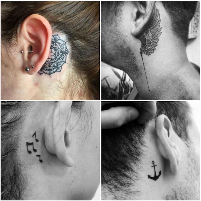 vier bilder mit schwarzen kleinen tätowierungen - tattoos hinterm ohr mit schwarzen flügeln mit langen federn und einem kleinen schwarzen anker