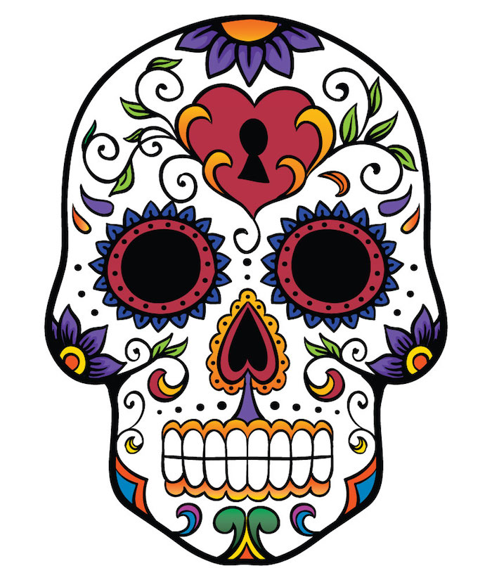 weißer totenkopf mit violetten blumen und grünen blättern und einem roten herzen - mexikanischer totenkopf tattoo, bunter totenkopf