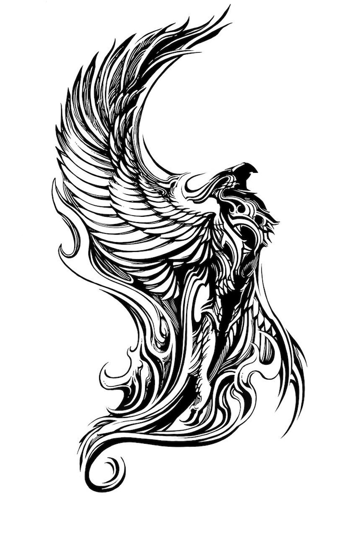 ein großer schwarzer phönix mit großen schwarzen flügeln mit weißen und schwarzen federn - phönix aus der asche tattoo,