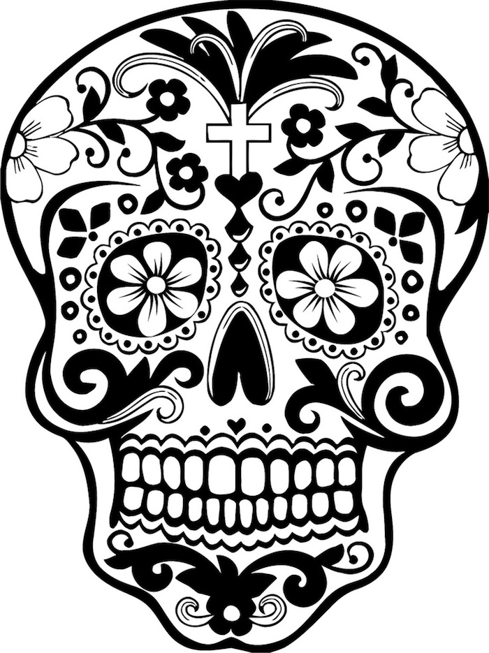 weißer totenkopf mit weißen blumen und schwarzen blättern und weißen zähnen und kerz - ein mexikanischer totenkopf tattoo