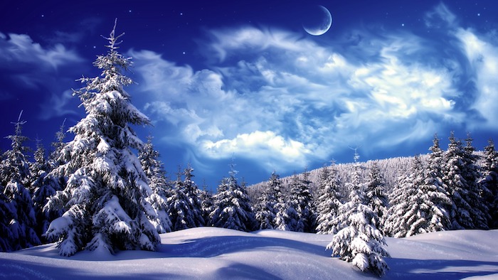 romantisches winterbild mit einem blauen himmel mit vielen weißen wolken und sternen und einem großen weißen halbmond