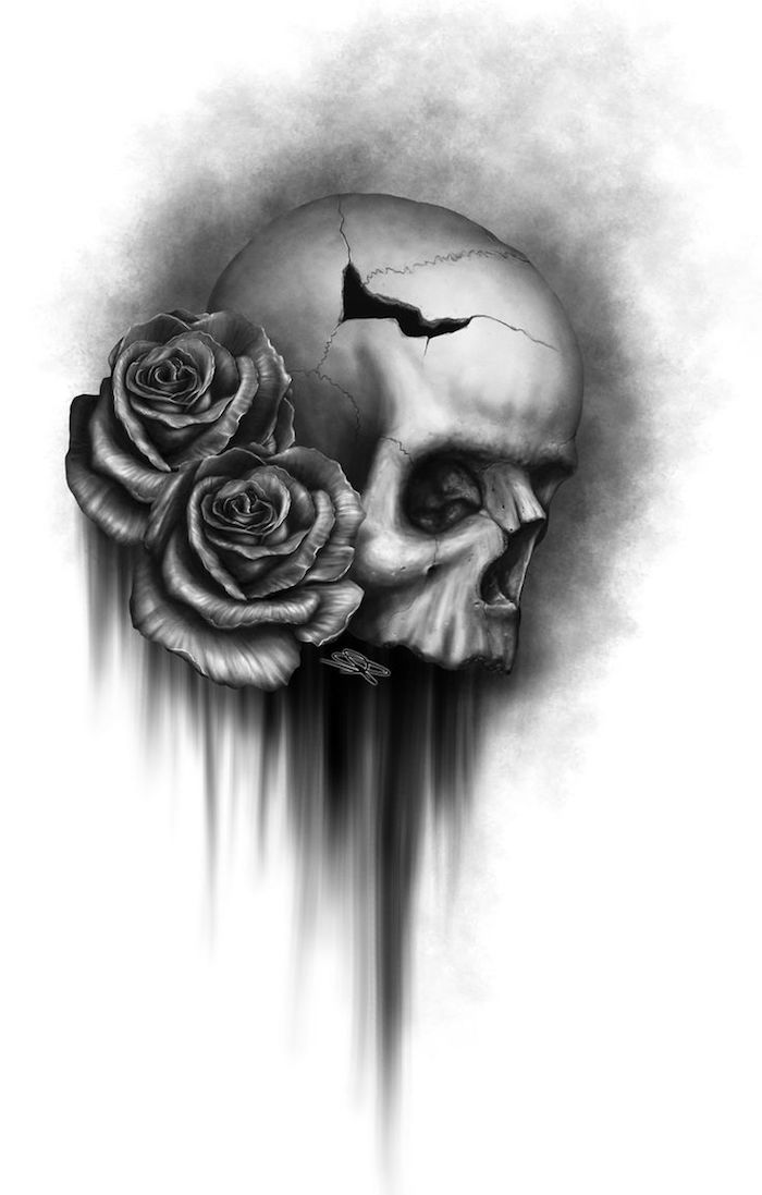 großer tattoo mit einem grauen totenkopf mit schwarzen augen - tattoo mit einem totenkopf und zwei großen grauen rosen - totenkopf mit rosen tattoo, mexikanischer totenkopf name