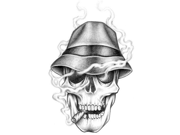 eine skizze mit einem weißen rauchenden totenkopf mit einem hut und einer zigarette