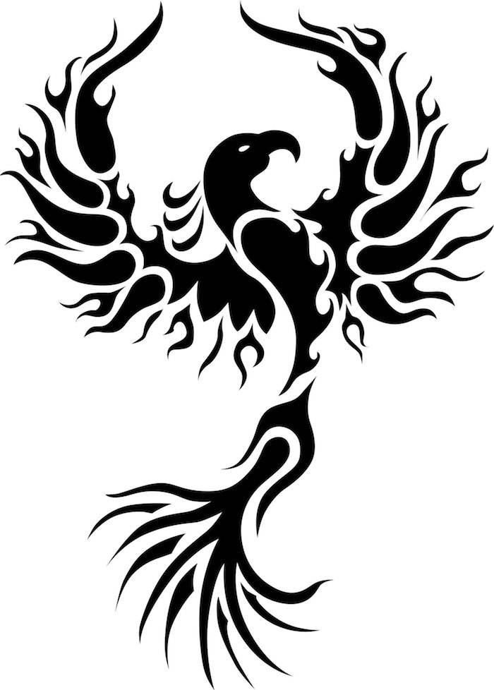ein großer fliegender schwarzer phönix mit zwei schwarzen flügerln mit schwarzen federn und weißen Augen, Tattoo Motive Phönix