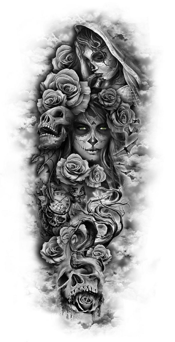 totenkopf mit rosen tattoo - junge frauen und graue totenköpfe und viele große graue rosen