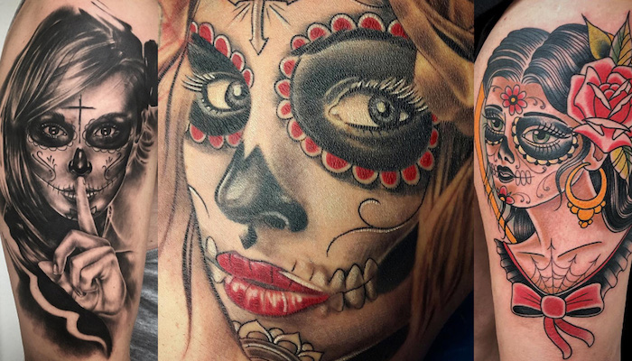 drei la catrina tattoos mit jungen frauen mit roten und schwarzen lippen und schwarzen nasen - tattoos mit roten rosen mit grünen blättern