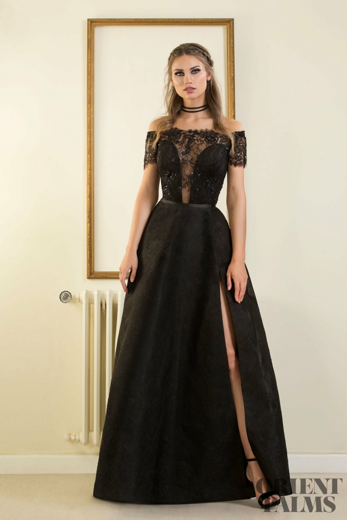 Schwarzes Abendkleid mit Schlitz und Spitzenelementen am Oberteil, rückenfreies A-Linien Kleid