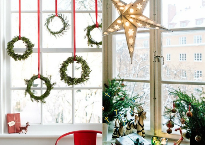zwei Fotos mit Weihnachtsdeko-Ideen- Fenster mit fünf Adventskränzen, die an roten Bändern hängen, kleines Weihnachtsgeschenk verpackt in rotem Geschenkpapier und verziert mit einer dünnen Schleife mit Namenskarte, kleine Hirschfigur neben dem Weihnachtsgeschenk in roter Verpackung, roter Sthul aus Metall, großer Papierstern mit Löchern in der Form von Sternen, Fichtelzweige verziert mit kleinen vergoldeten Kreuzern und kleinen Christbaumkugeln, Geschenke in schöner Weihnachtsverpackung, Kronleuchter aus Papier in der Form eines Sterns