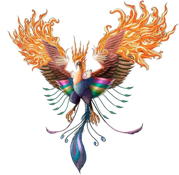 skizze mit einem bunten tattoo mit einem fliegenden phönix mit violetten, blauen, grünen und gelben federn und brennenden flügeln