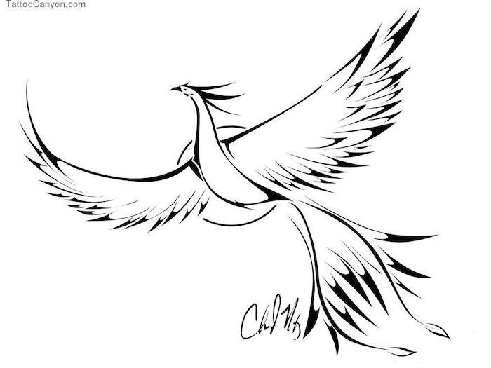 phönix bilder tattoo - ein fliegender weißer phönix mit schwarzen flügeln mit schwarzen und weißen federn
