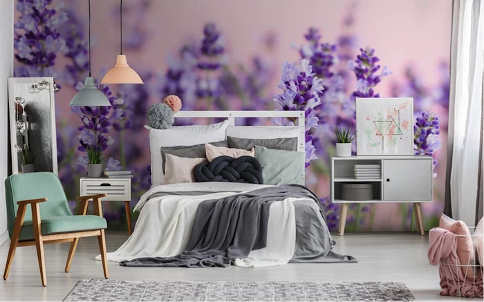 lila Ambiente im Schlafzimmer - Fototapete Schlafzimmer
