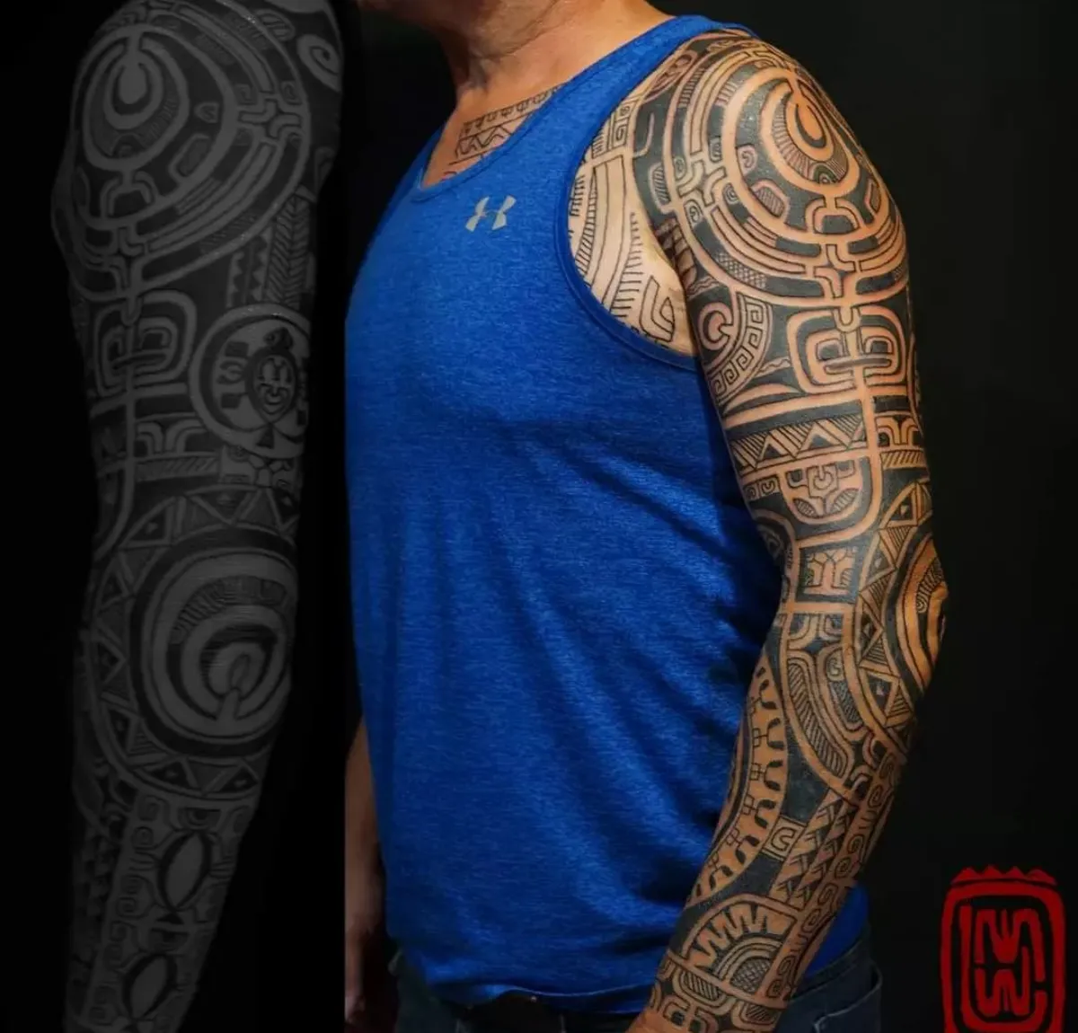 full sleeve polynesische tattoo motive arm