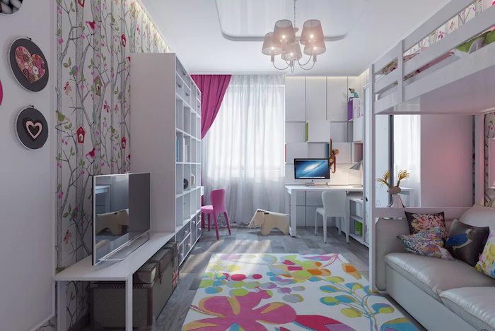 jugendzimmer gestalten ideen bunter teppich mit blumen und farben bei einem dezenten zimmer in hauptfarbe eine mischung aus grau und lila