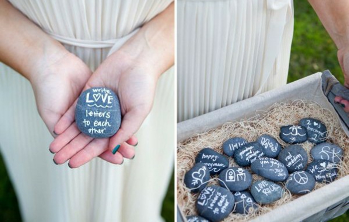 Etwas Lustiges oder Romantisches auf Steinchen aufschreiben, kleine Geschenke von allen Hochzeitsgästen