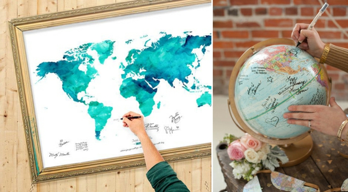 Zwei tolle Ideen für Hochzeitsgästebuch, auf Globus oder Weltkarte etwas schreiben oder zeichnen